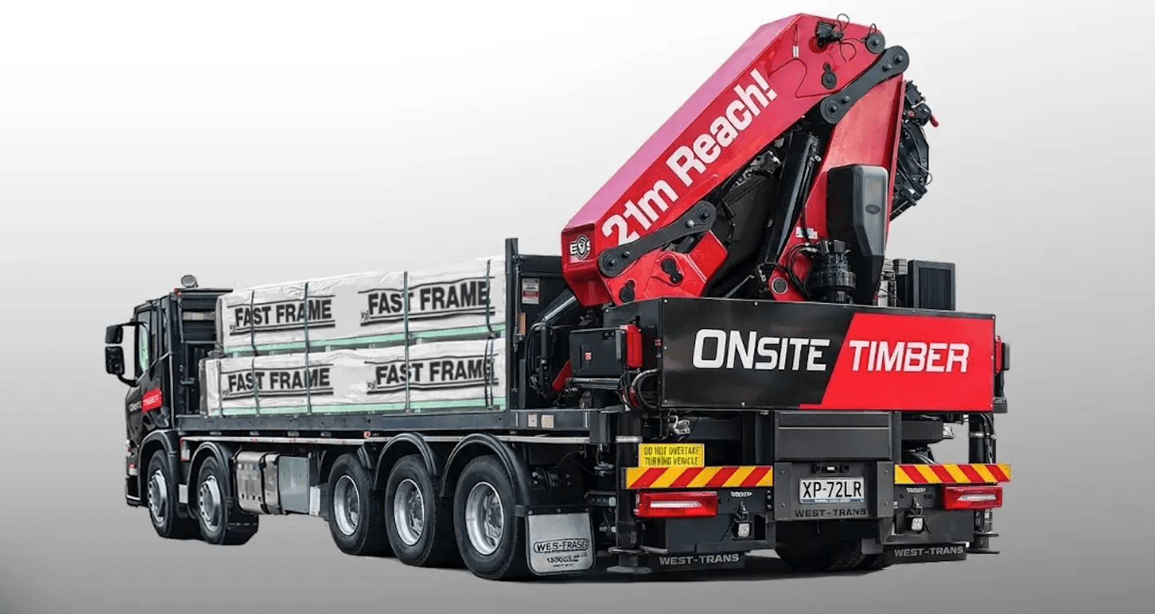Onsite Timber crane truck with a 21m reach, loaded and ready for delivery